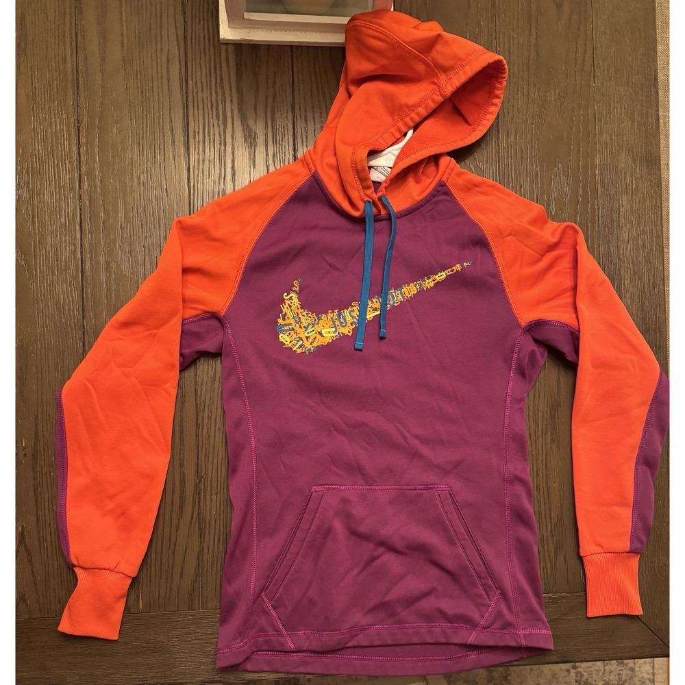 Nike Pullover Hoodie Womens Size XS Purple Orange Swoosh Therma Fit Sweatshirt